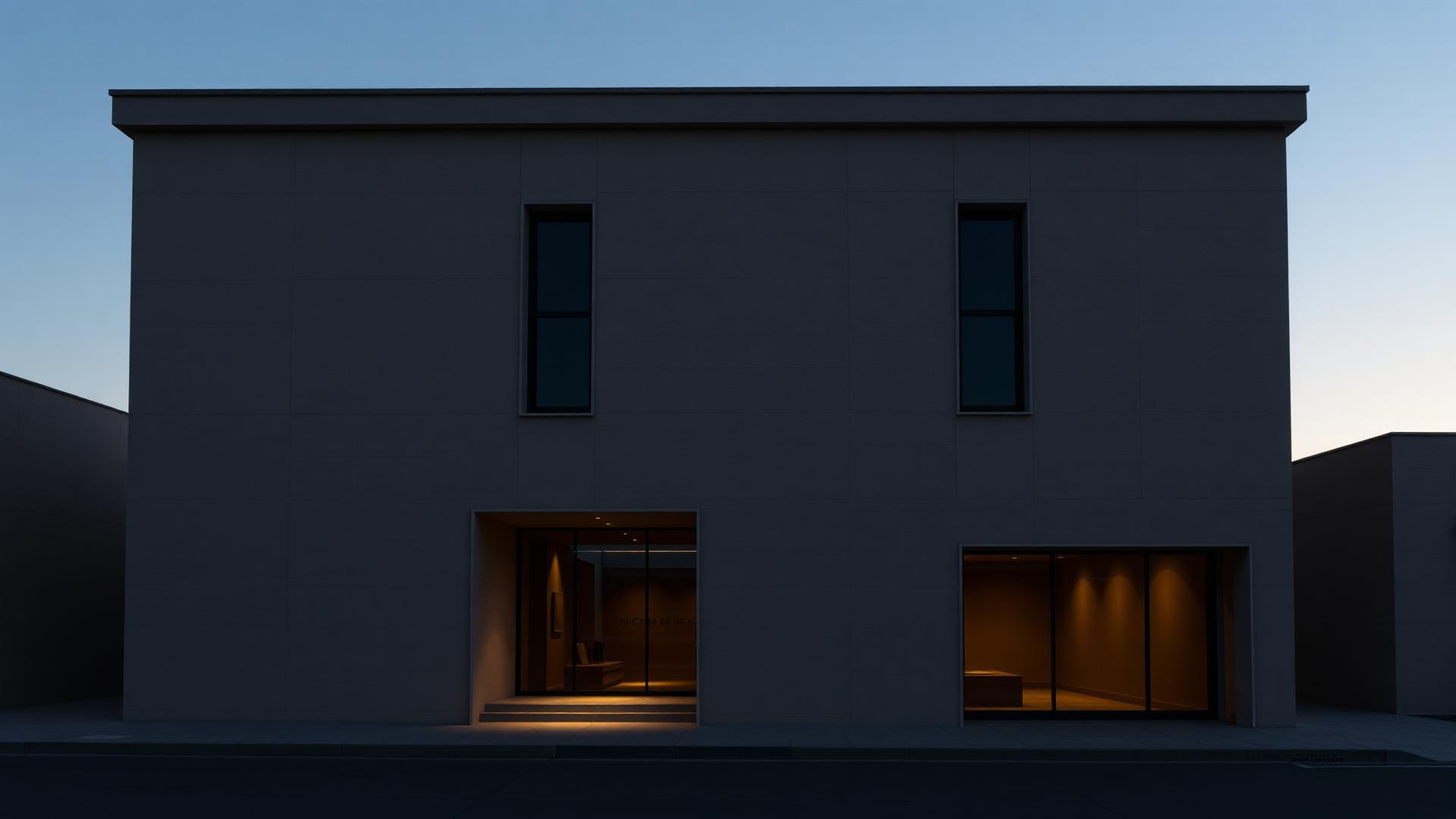 Monolithic stone and bronze facade of the SAVIANS studio at dusk