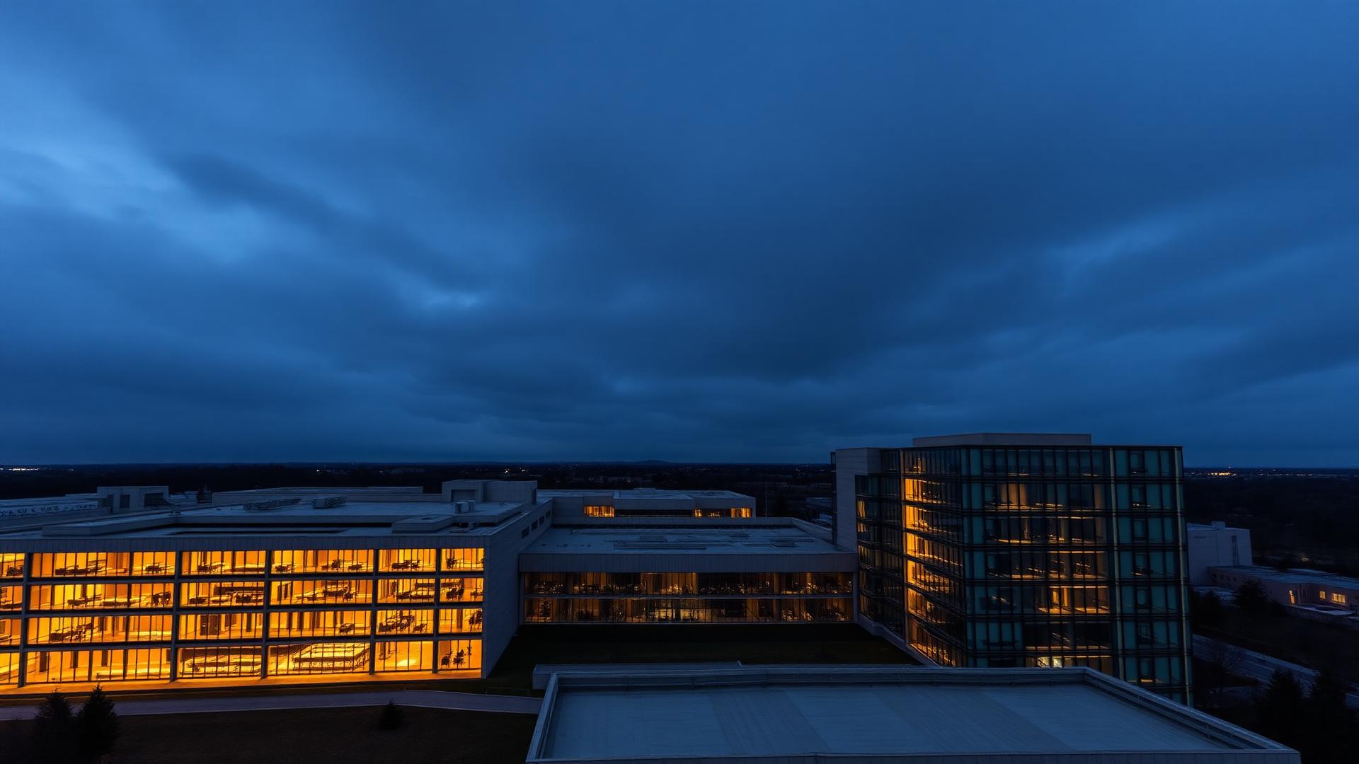 Aerial view of a modern campus at dusk with warm interior light