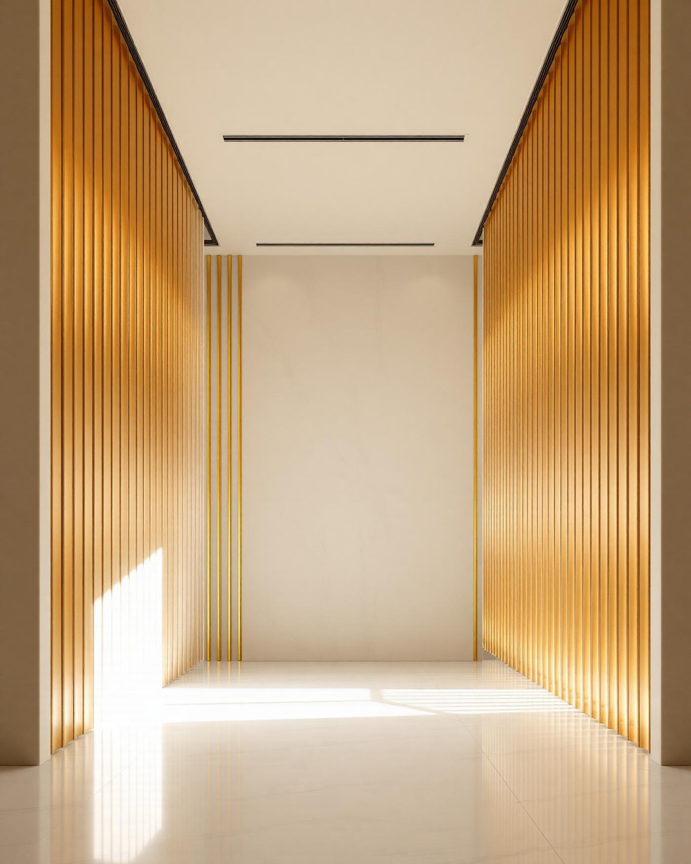 White gallery interior lined with brushed gold fins