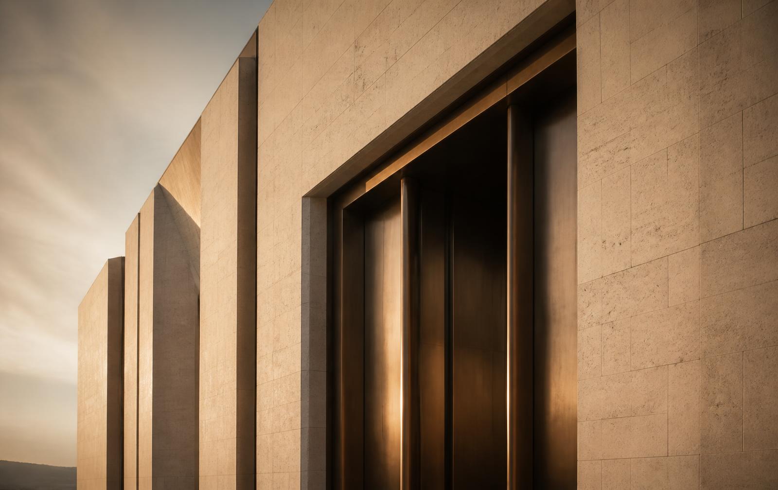Timeless travertine and bronze facade at golden hour