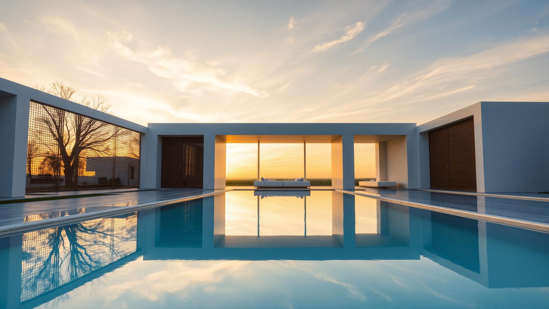 White pavilion with bronze screens reflected in a still pool at golden hour